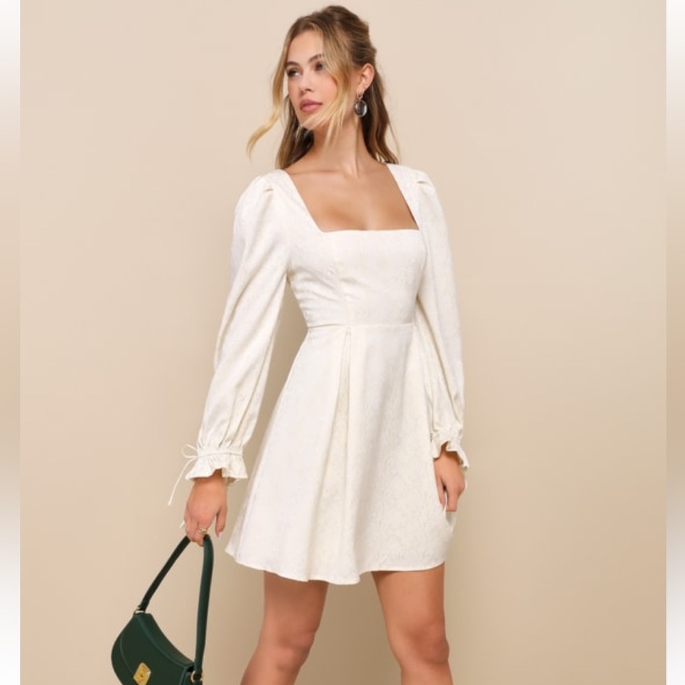 Lulus Cream Floral Jacquard Long Sleeve Mini Dress